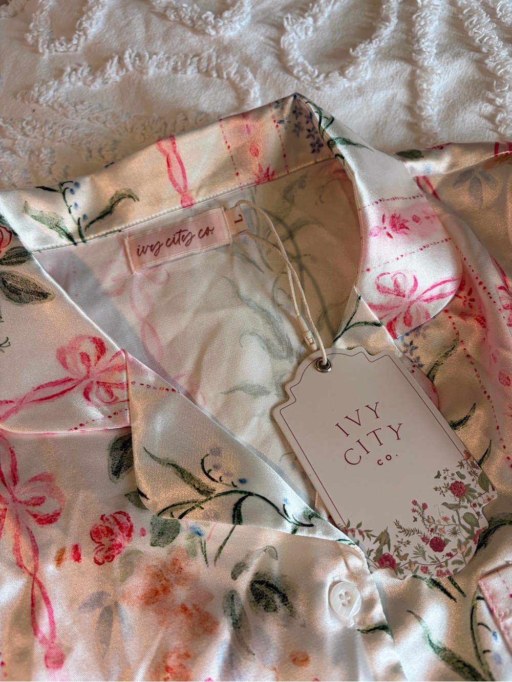 Ivy City Co Satin Floral Pajama Top in White with Pink & Green